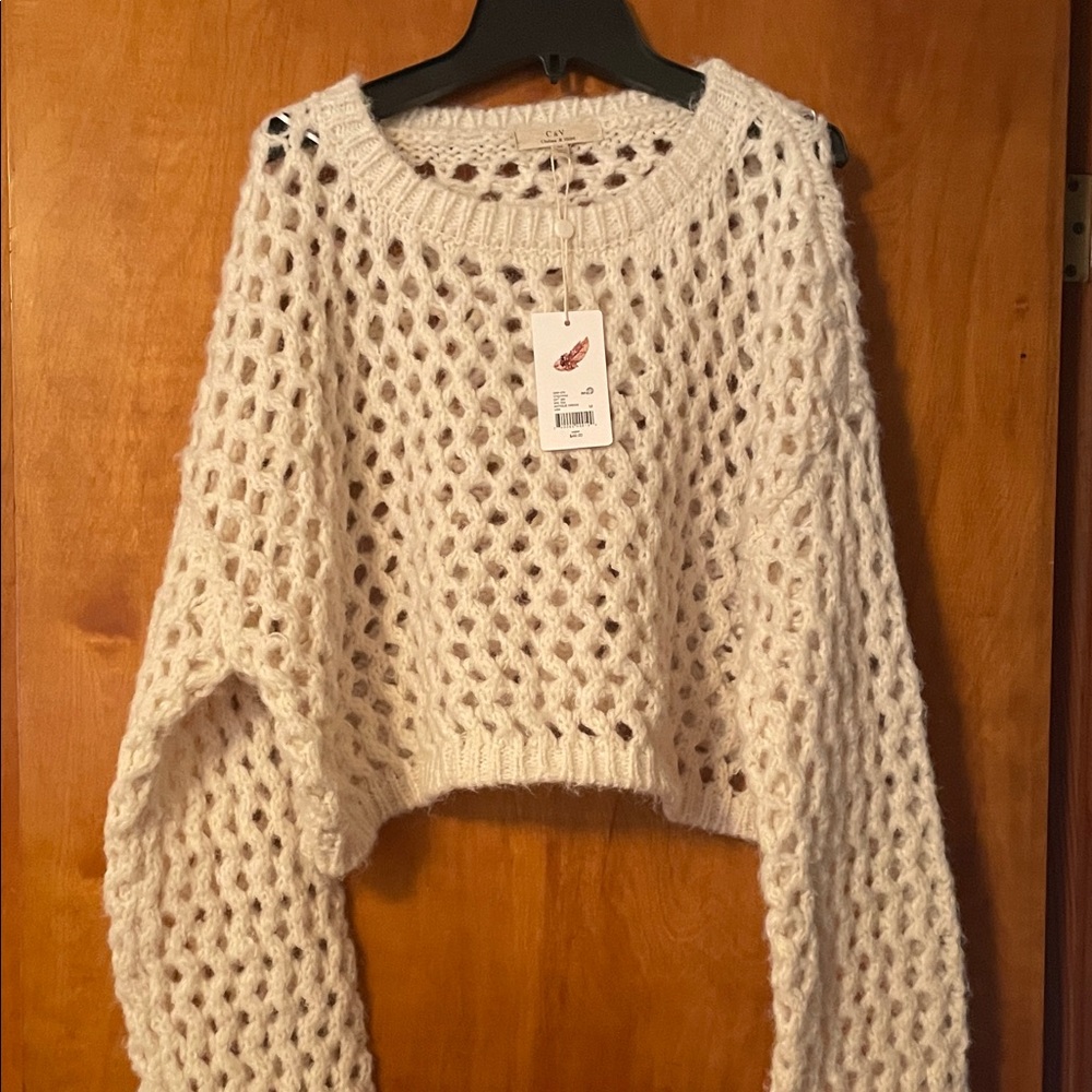 Chelsea & Violet Open-Knit Cropped Crewneck Sweater - Cream